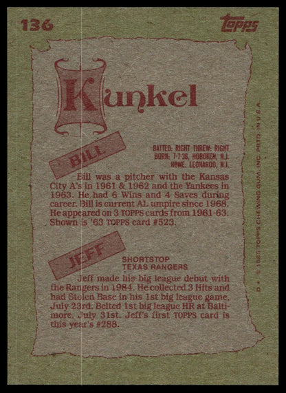 1985 Topps #136 Bill Kunkel / Jeff Kunkel F&S