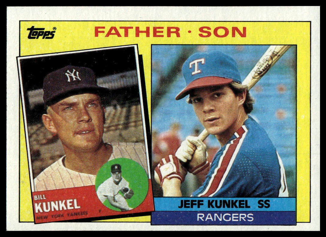 A vintage Topps baseball trading card set titled 'Father Son' featuring Bill Kunkel and Jeff Kunkel, with a yellow border and player portraits.