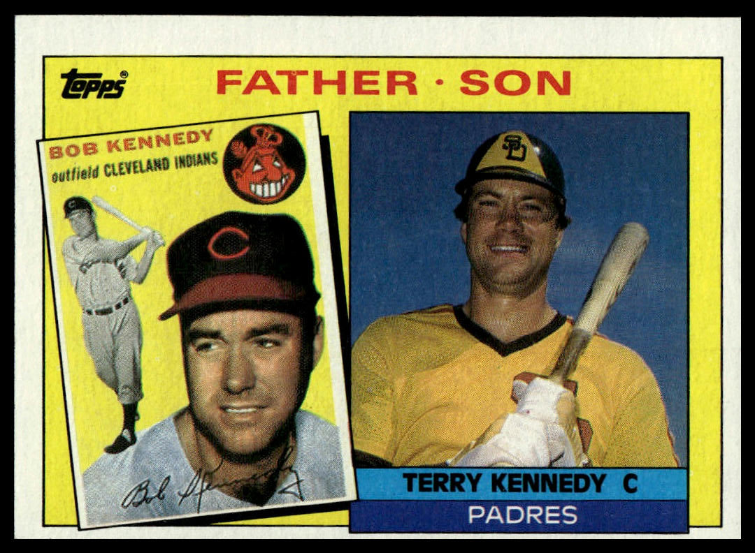 A vintage Topps baseball trading card titled 'Father Son' featuring Bob Kennedy and Terry Kennedy. The card has a bright yellow border, a blue vertical banner on the left, and two angled player portrait panels.