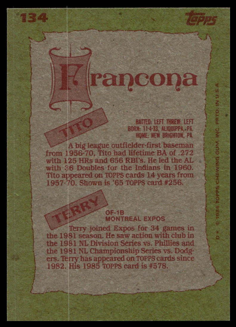 1985 Topps #134 Tito Francona / Terry Francona F&S