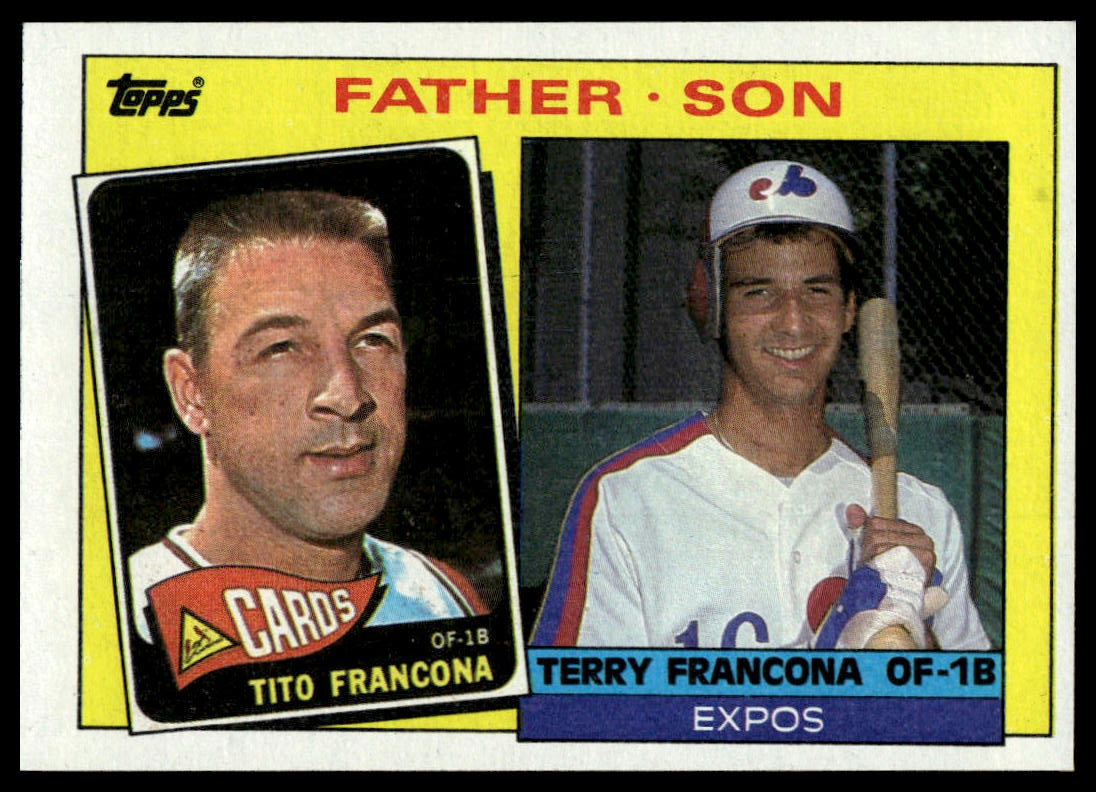 A vintage Topps baseball trading card featuring two portraits of Tito Franccona and Terry Francona, labeled 'FATHER - SON,' with a yellow border and player panels.
