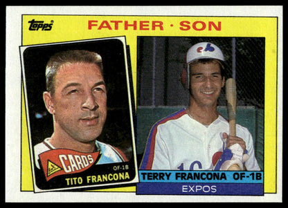 A vintage Topps baseball trading card featuring two portraits of Tito Franccona and Terry Francona, labeled 'FATHER - SON,' with a yellow border and player panels.