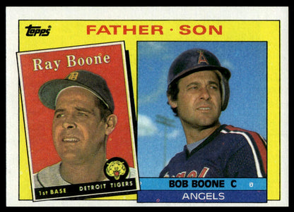 A vintage Topps baseball trading card featuring two player portraits with the text 'FATHER - SON' and names Ray Boone and Bob Boone.