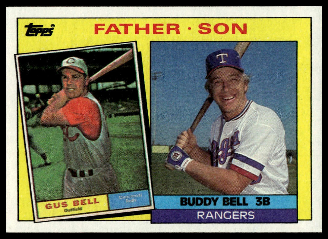 A vintage baseball trading card featuring Gus Bell and Buddy Bell, with 'FATHER SON' printed vertically on the right side and a yellow border.