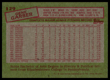 A vintage baseball trading card back featuring a green border, a red stamp-like header for Gene Garber, and a large white data table with pitching records and player statistics.