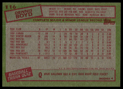 The back of a vintage 1985 Topps baseball trading card, featuring player statistics for Dennis Boyd, printed on a textured olive green background with red and white text blocks.