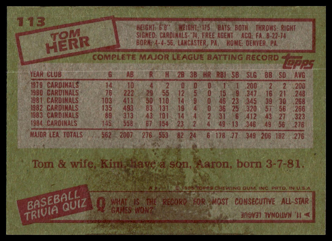 The back of a vintage 1985 Topps baseball trading card featuring Tom Herr, with a green background, red stamp-like borders, and white text containing his career statistics.