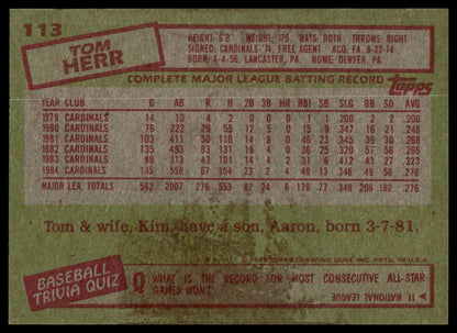 The back of a vintage 1985 Topps baseball trading card featuring Tom Herr, with a green background, red stamp-like borders, and white text containing his career statistics.