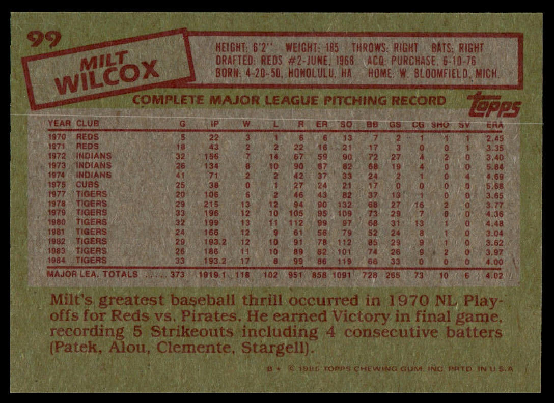 The back of a vintage 1985 Topps baseball card for pitcher Milt Wilcox, showing his career statistics and height, weight, and birth details in red text on a tan background.