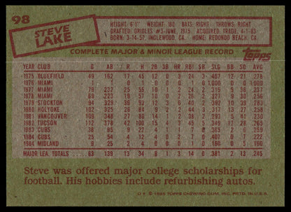 Back of a vintage Steve Lake baseball trading card showing printed text, statistics, and a red stamp graphic on a tan background.
