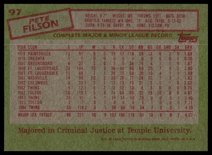 The back of a vintage 1985 Topps Pete Filson baseball trading card, showing his name, stats, and a red stamp graphic on an olive green background.