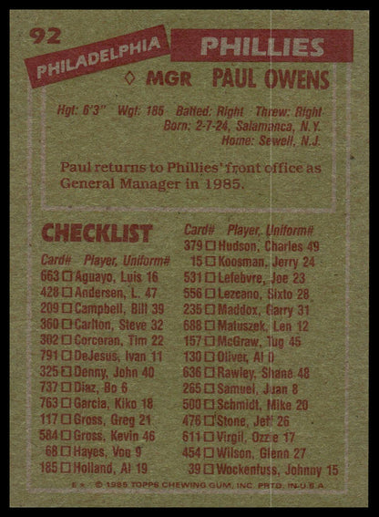 1985 Topps #92 Paul Owens