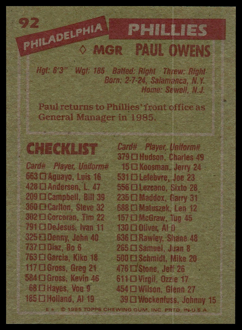 1985 Topps #92 Paul Owens