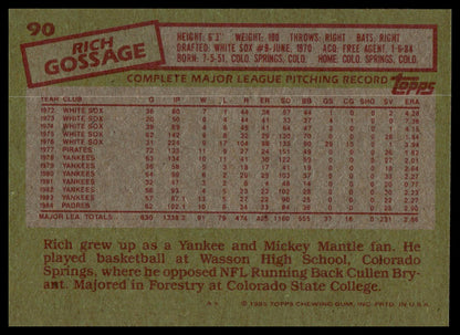 The back of a vintage 1985 Topps baseball card, number 90 for Rich Gossage, featuring a tan background with red text and a red stamp graphic.