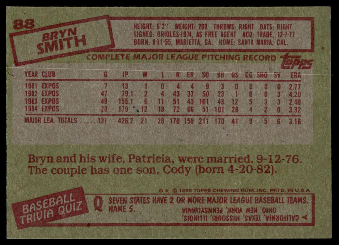 The back of a 1985 Topps baseball trading card featuring Ryan Smith, printed on a textured tan background with red and black text and graphics.