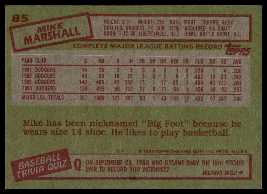 1985 Topps #85 Mike Marshall