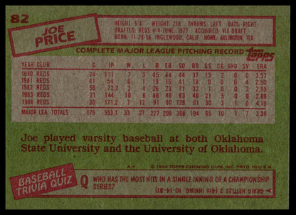 A vintage 1985 Topps baseball trivia quiz card back, featuring a green background with red and white text boxes and a central statistical table.