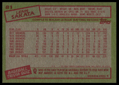 A vintage 1985 Topps baseball trading card featuring Lenn Sakata, showing his complete major league batting record on the back of the card.