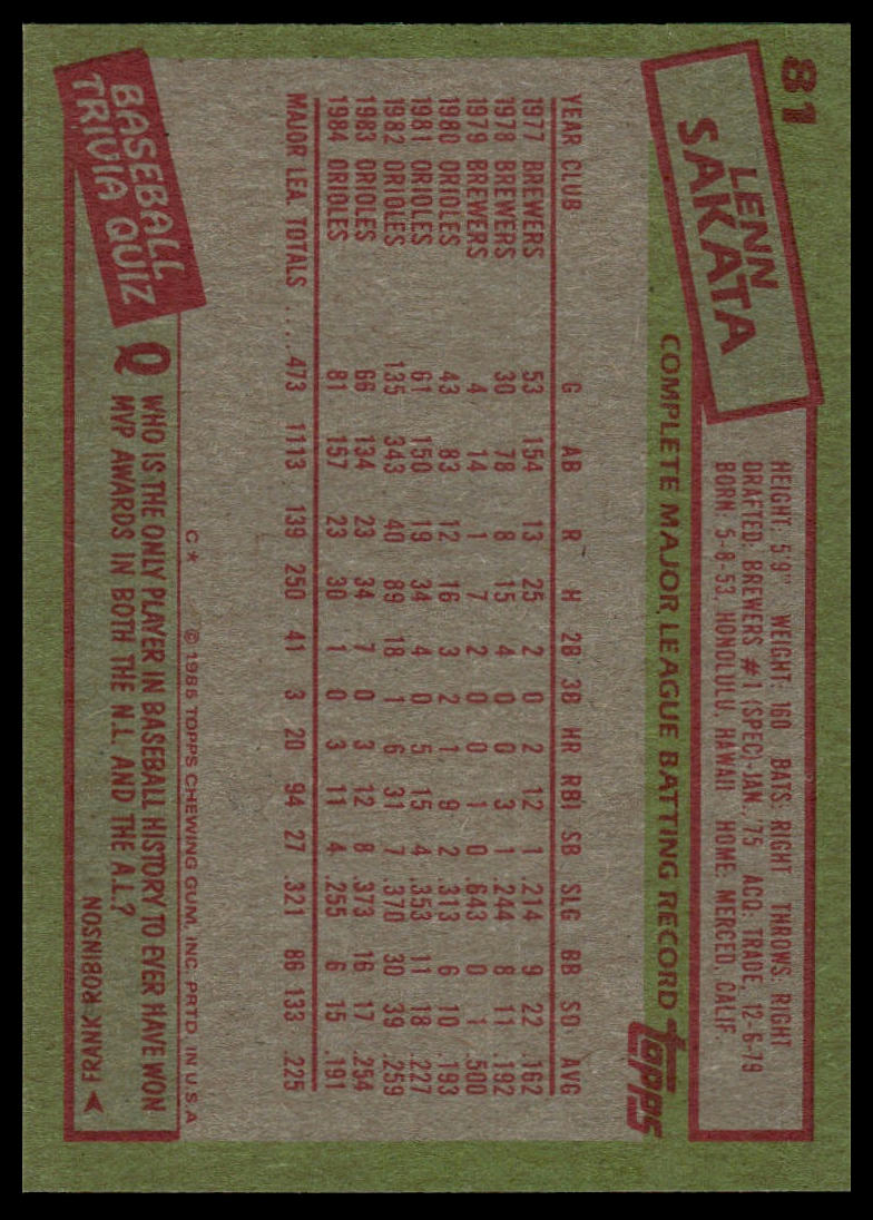 1985 Topps #81 Lenn Sakata
