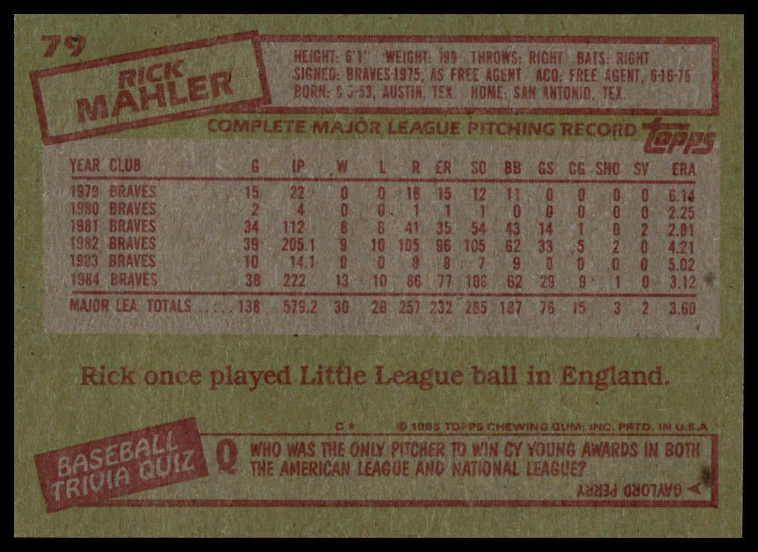 The back of a vintage 1985 Topps baseball trading card featuring Rick Mahler, showing his career pitching statistics and a baseball quiz section.