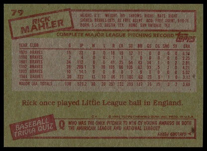 The back of a vintage 1985 Topps baseball trading card featuring Rick Mahler, showing his career pitching statistics and a baseball quiz section.