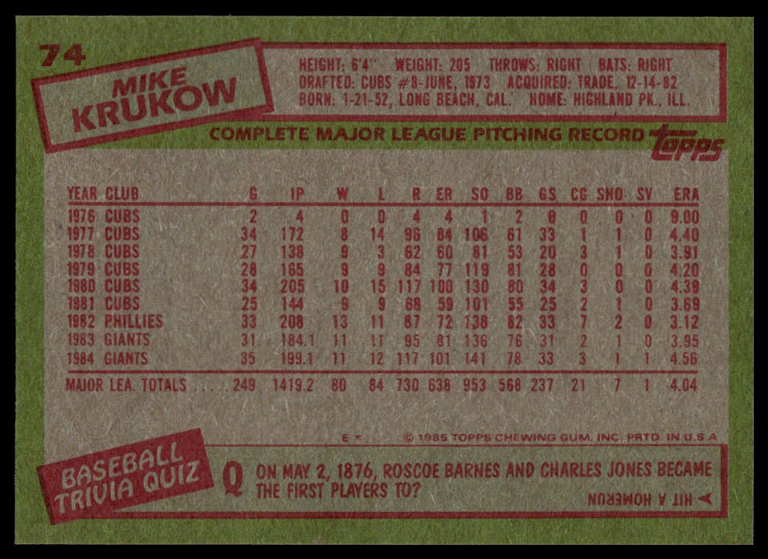 Back of a 1985 Topps baseball trading card featuring Mike Krukow, with a green border, tan center, red text boxes, and a table of career statistics.