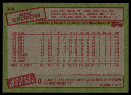 Back of a 1985 Topps baseball trading card featuring Mike Krukow, with a green border, tan center, red text boxes, and a table of career statistics.