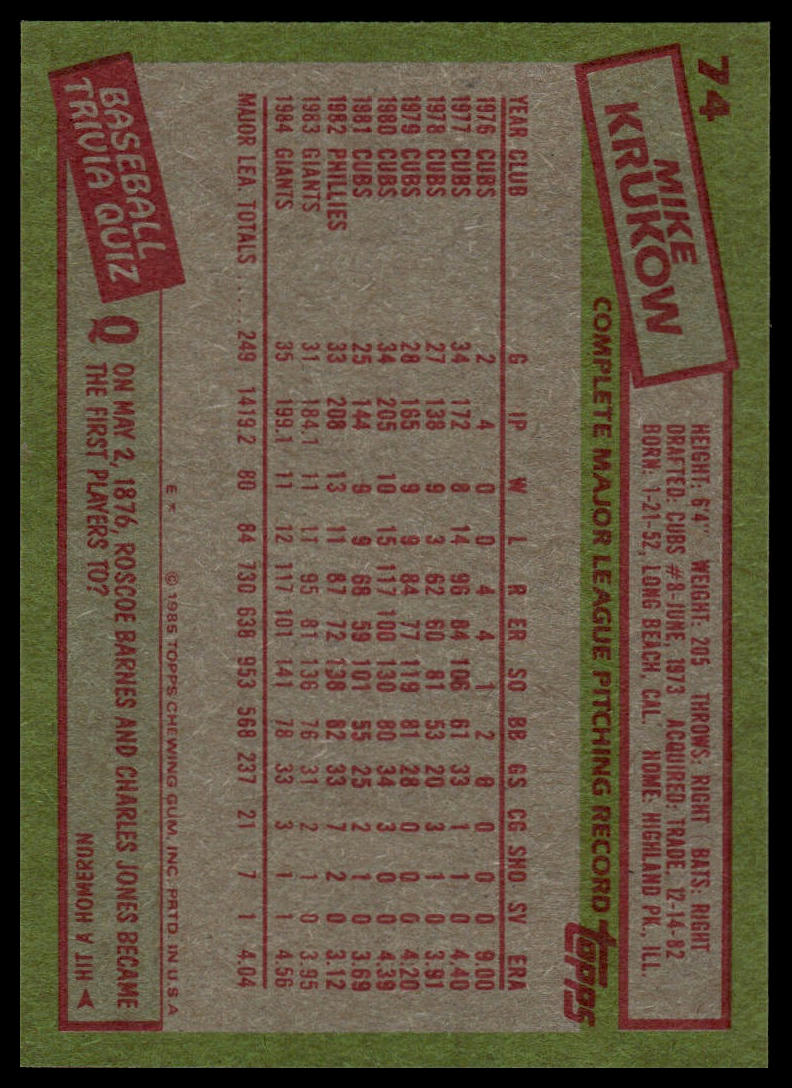 1985 Topps #74 Mike Krukow