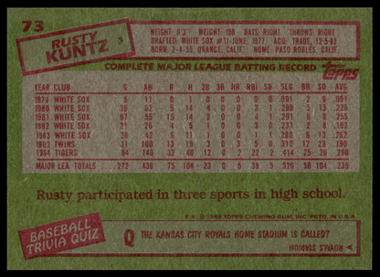 Rusty Kuntz 1985 baseball trading card back, featuring a green background with red and white text and data boxes detailing his career statistics and achievements.