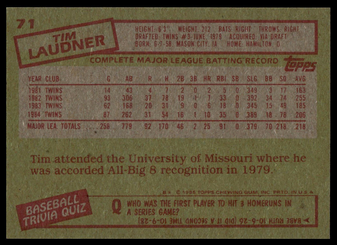 The back of a vintage 1985 Topps baseball trading card featuring Tim Laudner, with a textured olive-green background, red stamp-like borders, and a central white data panel.