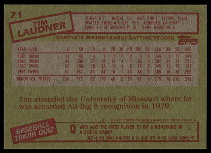 The back of a vintage 1985 Topps baseball trading card featuring Tim Laudner, with a textured olive-green background, red stamp-like borders, and a central white data panel.