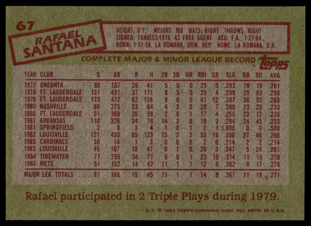 The back of a vintage 1985 Topps baseball card featuring Rafael Santana, showing his player stats, team history, and a red Topps logo at the bottom.