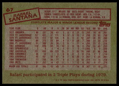 The back of a vintage 1985 Topps baseball card featuring Rafael Santana, showing his player stats, team history, and a red Topps logo at the bottom.
