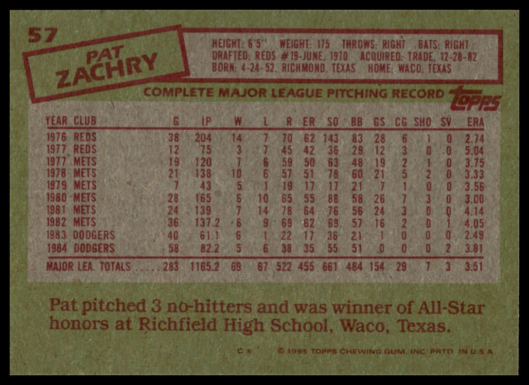 1985 Topps #57 Pat Zachry