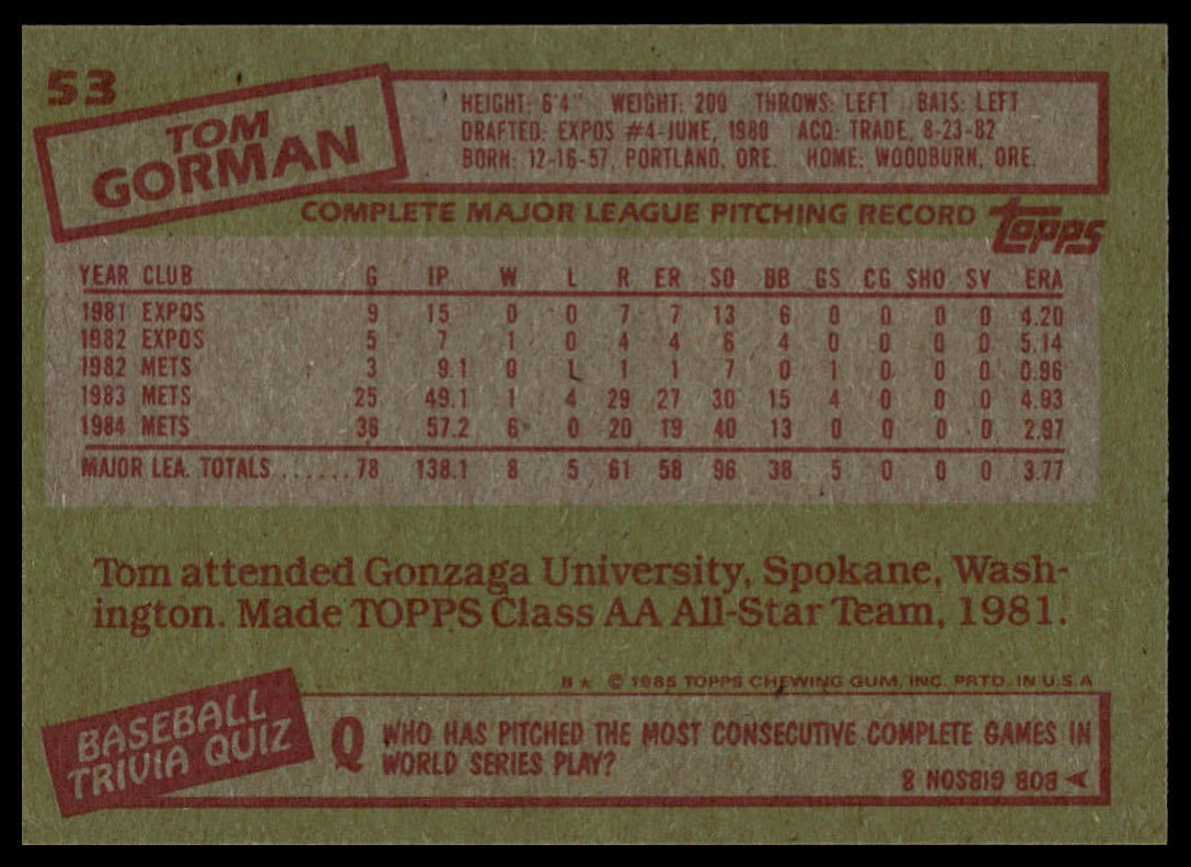 1985 Topps #53 Tom Gorman