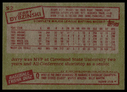 The back of a vintage 1985 Topps baseball trading card, featuring player information for Jerry Dybinski, including stats, a baseball quiz, and a red stamp graphic.