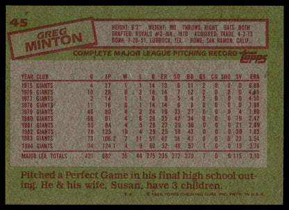 Back of a 1985 Topps baseball trading card featuring Greg Minnin, with a green border, a central white data table, and red text boxes.