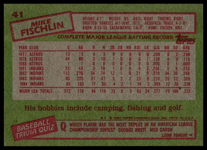 A vintage Mike Fischlin baseball trading card back, featuring a green background with a large beige player stats panel and red borders and text.