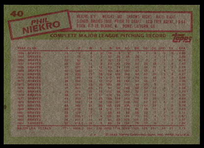 A vintage 1985 Topps baseball card, number 40, featuring Phil Niekro. The card shows his complete major league pitching record in red text on a tan background with a green border.