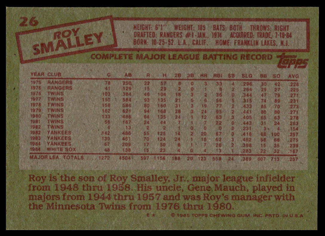 Back of a 1985 Topps baseball trading card featuring player stats and biographical information for Roy Smalley, printed on a tan cardstock background with red and black text.