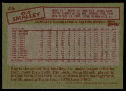 Back of a 1985 Topps baseball trading card featuring player stats and biographical information for Roy Smalley, printed on a tan cardstock background with red and black text.