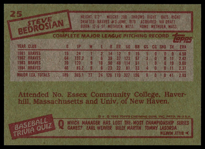 The back of a 1985 Topps baseball trading card featuring Steve Bedrosian, with a green background, red stamp-style borders, and a central white box containing his pitching record.