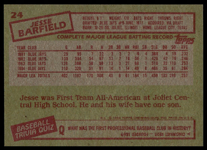 The back of a vintage 1985 Topps baseball trading card, specifically card #24 for Jesse Barfield. The card features a textured tan background with red and white printed text and statistics.