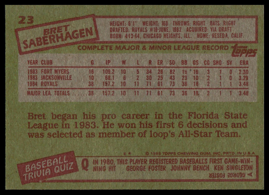 The back of a vintage 1990 Topps baseball trading card featuring Bret Saberhagen, showing his player stats, team information, and a baseball quiz section on a textured olive green background.