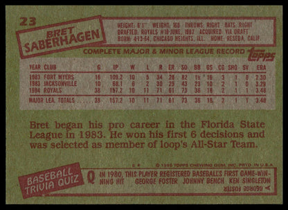 The back of a vintage 1990 Topps baseball trading card featuring Bret Saberhagen, showing his player stats, team information, and a baseball quiz section on a textured olive green background.