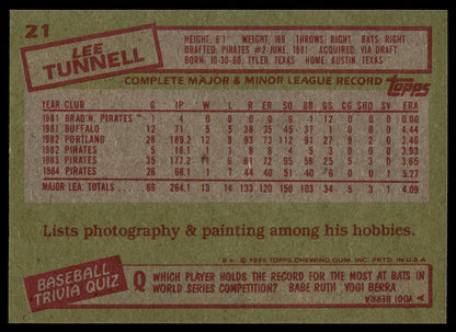 A vintage 1985 Topps baseball trading card back featuring Lee Tunnel, with a green background, red headers, and black text.
