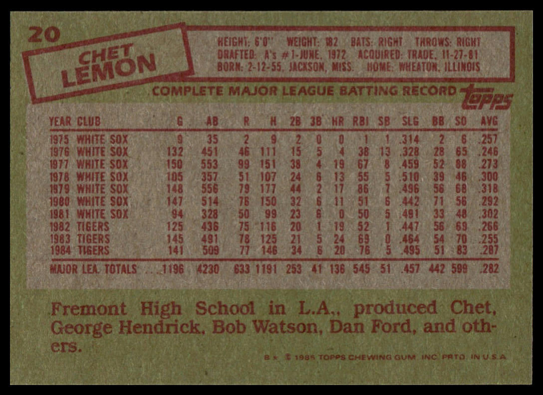 The back of a vintage 1969 Topps baseball card featuring Chet Lemon, with biographical text and a batting record table printed in red and black on a tan background.