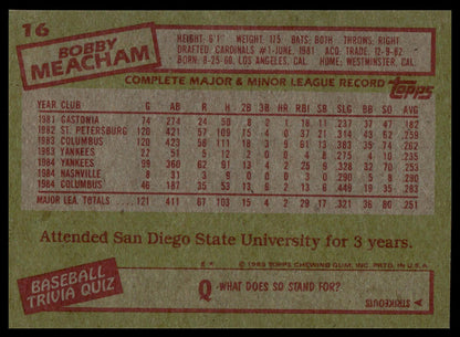 The back of a 1993 Topps baseball trading card featuring Poby Meacham, with a green background, red stamp-like headers, and a white data table in the center.