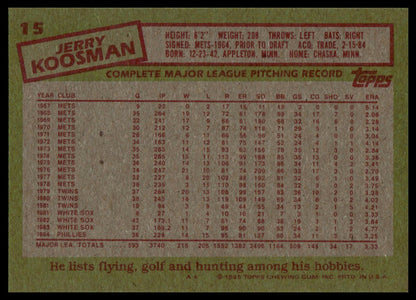 Back of a vintage baseball trading card featuring player information for Jerry Koeneman, with a green border, red stamp-style box, and white data table printed in red and black.