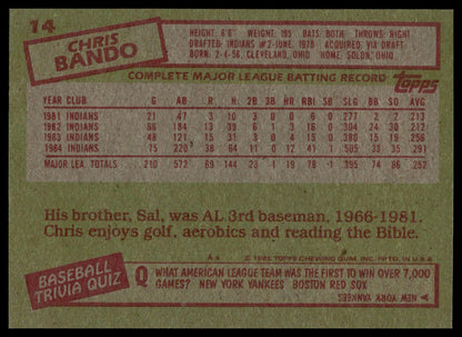 The back of a 1991 Topps Chris Bando baseball trading card, featuring a green background with red and white text boxes, player statistics, and a baseball-themed trivia quiz.
